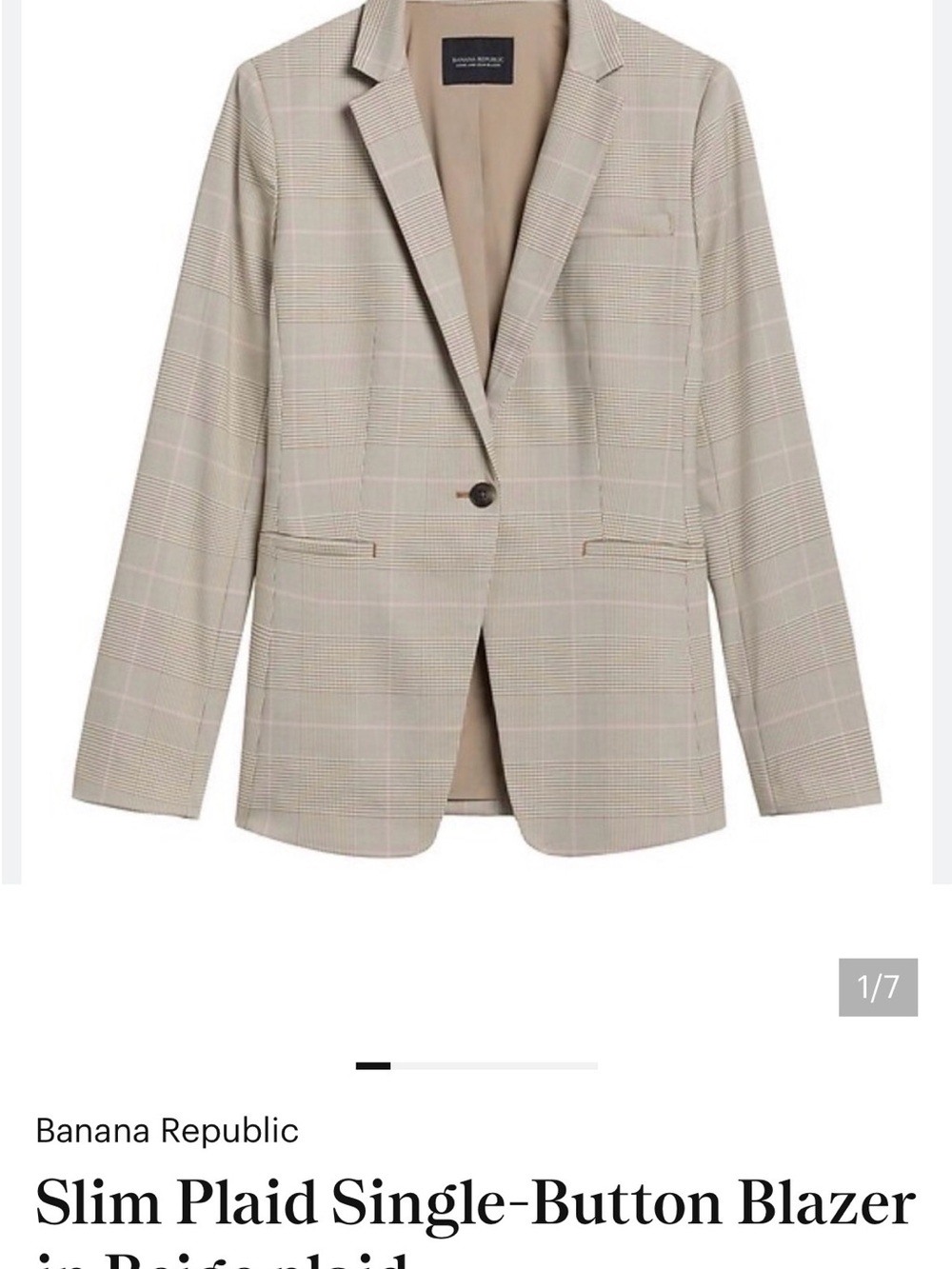 Banana Republic Beige Plaid Slim Single-Button Blazer